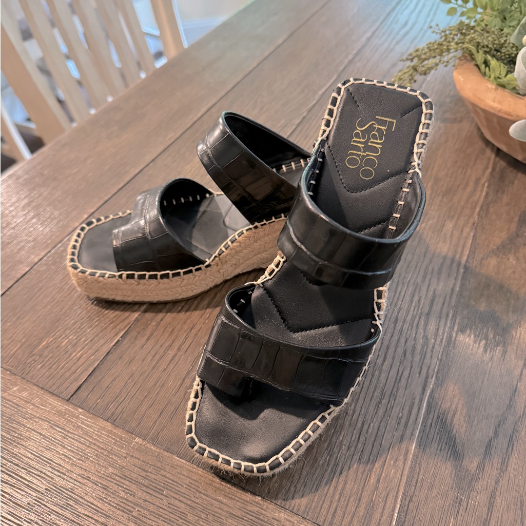 Franco Sarto Black Snake Skin Embossed Leather Sandals With Rope Wedge Heel Sz 8